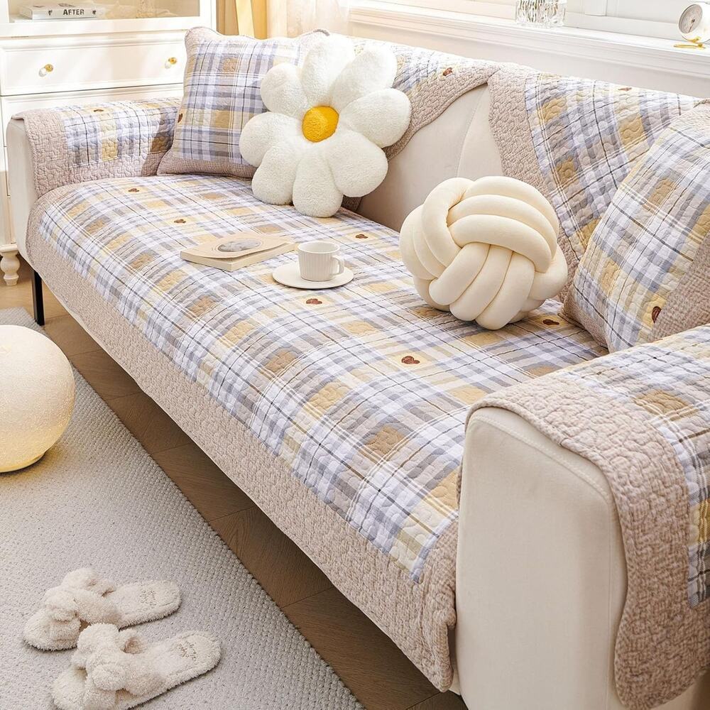 vctops Farmhouse Buffalo Check Plaid Cotton Sofa Couch Cover Patchwork Quilted - Picture 4 of 5